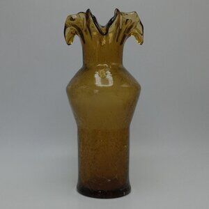 Sunset Amber Yellow Crackle Glass Ruffled Edge Vase Home Decor Vintage